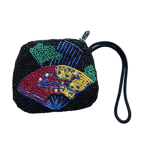 Chico’s beaded coin purse Asian Fan motif multi color seed beads zips closed - Picture 2 of 7